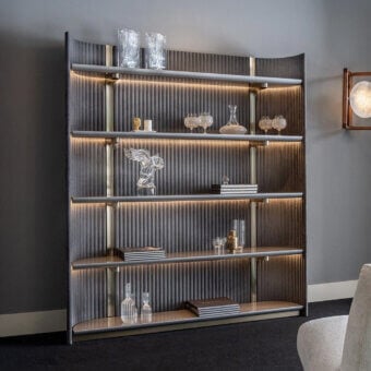 Exceptional Visionnaire Leonardo bookcase crafted in muted gray-brown with ‘canneté’ stripes and polished gold metal frame