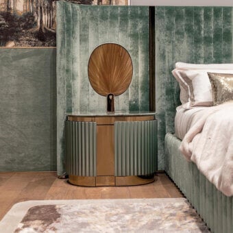 Distinguished Visionnaire Leonardo nightstand with sage green canneté decoration and polished marble top built with golden metal