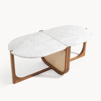 Exceptional Visionnaire Vixen Outdoor coffee table with Carrara marble, solid wood, Wien straw and specialized matt finish