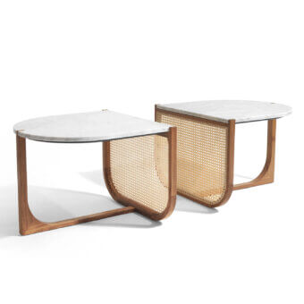Distinguished Visionnaire Vixen Outdoor coffee table crafted with Carrara marble, solid wood, and woven Wien straw detailing in a matt finish