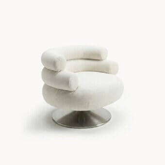 Distinguished Visionnaire Voluptas lounge chair crafted in textured off-white bouclé with a satin-finish metallic base