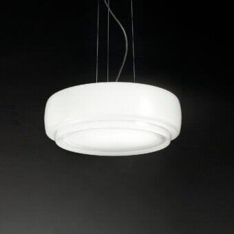 Elegant Vistosi Bot suspension lamp crafted in glossy white glass offering diffused illumination with a broadly circular silhouette
