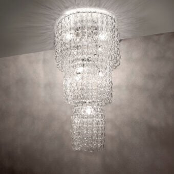 Distinguished Vistosi Giogali suspension lamp crafted in hundreds of handmade Murano glass hooks with a clear, subtly white appearance