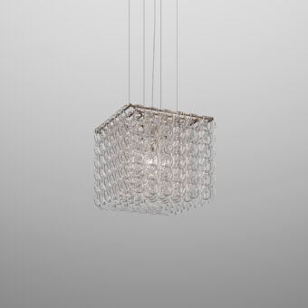 Distinguished Vistosi Giogali Cube suspension lamp with woven clear glass and subtly reflective brass-toned metal frame
