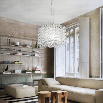 Exceptional Vistosi Giogali suspension lamp crafted in interwoven clear glass with a clustered form and brilliant sparkle