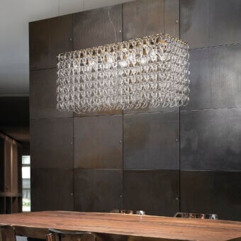 Superior Vistosi Giogali Cube suspension lamp crafted in intricately woven clear glass with a shimmering silvery-grey finish