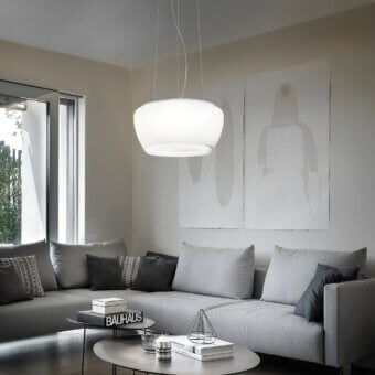 Elegant Vistosi Implode suspension lamp crafted in matte white Murano glass transitioning to crystal-clear with a rippled effect
