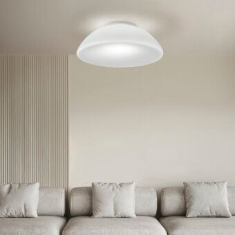 Exceptional Vistosi Infinita ceiling lamp crafted in Murano glass with warm white satin finish and gently curved aesthetic