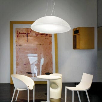 Distinguished Vistosi Infinita suspension lamp, a handcrafted fixture in bright white Murano glass with a seamless ceiling mount