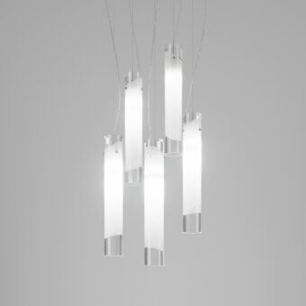 Elegant Vistosi Lio suspension lamp, a handcrafted fixture in translucent white glass with crystal bodies and subtle gray metallic accents