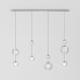 Superior Vistosi Oto Linear Suspension Lamp handcrafted in light-colored metal with transparent Murano glass and satin finish
