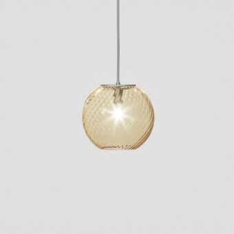 Elegant Vistosi Oto suspension lamp crafted in warm amber textured blown glass with a brushed metallic mount