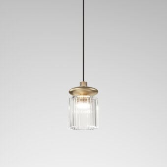 Superior Vistosi Tread suspension lamp with warm gold-toned metallic cap and vertically fluted clear glass diffuser