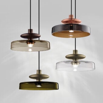 Exceptional Vistosi Tread suspension lamp crafted in olive green and gold with satin metal and translucent glass