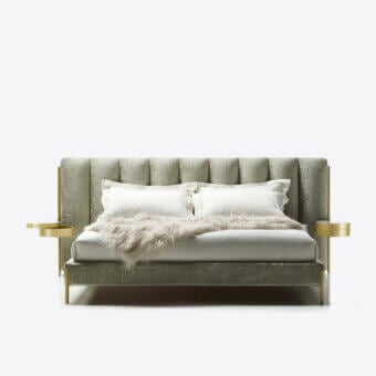 Distinguished Black Tie Ibisco bed with poplar wood and sage green textile upholstery, built with gold-toned metal accents and back-lacquered glass tops