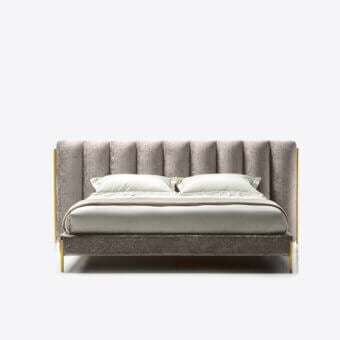Exceptional Black Tie Ibisco bed crafted with poplar wood and textured taupe textile, boasting slender legs with polished gold finish
