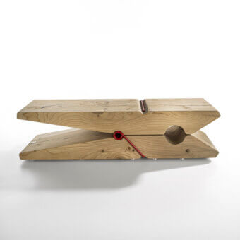 Exceptional Riva 1920 Molletta Kids bench with geometric form crafted in scented cedar wood and vibrant red spring with a natural finish