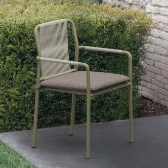 Sophisticated Atmosphera Air armchair crafted with aluminum and neutral brown textile in a matte olive-green finish