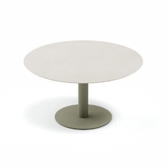 Distinguished Atmosphera Arena table with a light neutral beige gres tabletop and cylindrical muted sage green HPL base