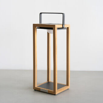 Elegant Atmosphera Astro floor lamp with teak wood construction and satin finish offering a 3000K glow from frosted glass