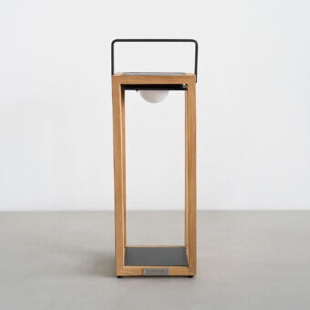 Superior Atmosphera Astro floor lamp with natural teak wood and satin finish emitting a warm 3000K glow
