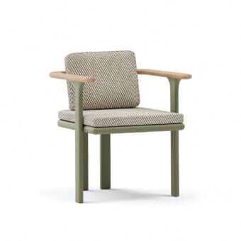 Exceptional Atmosphera Bliss armchair with muted Olive Green aluminum and subtly patterned beige textile upholstery crafted in Italian style