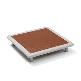 Elegant Atmosphera Bliss coffee table with a warm brown textile tabletop and light aluminum frame built with natural teak inserts