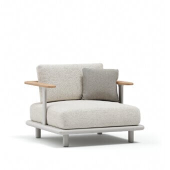 Distinguished Atmosphera Bliss lounge chair with neutral beige fabric, a Gesso aluminum frame and natural teak armrest