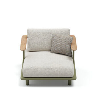 Elegant Atmosphera Bliss lounge chair with Olive Green aluminum, natural teak armrests and light neutral beige textile upholstery
