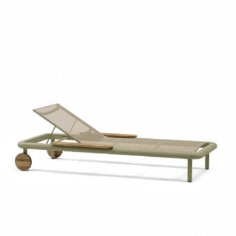 Distinguished Atmosphera Bliss lounger with Olive Green aluminum, light beige textilene and gently curved natural teak armrests