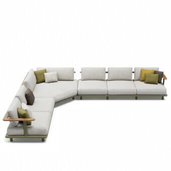 Sophisticated Atmosphera Bliss sectional with a gently curved back and inviting olive green cushions in Gesso finished aluminum and natural teak