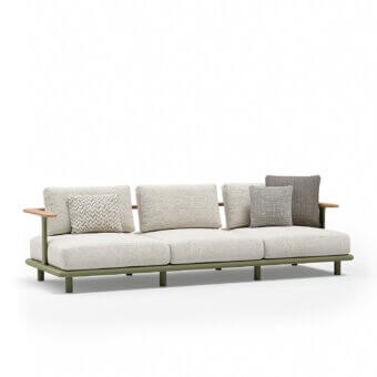 Distinguished Atmosphera Bliss sofa with a curved back, aluminum frame in Olive Green, and natural teak armrests crafted in Italy
