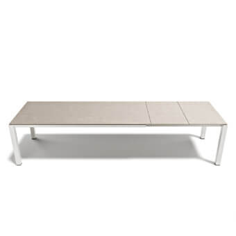 Distinguished Atmosphera Bridge extendable table crafted with light grey stoneware and satin white aluminum exhibiting a natural texture