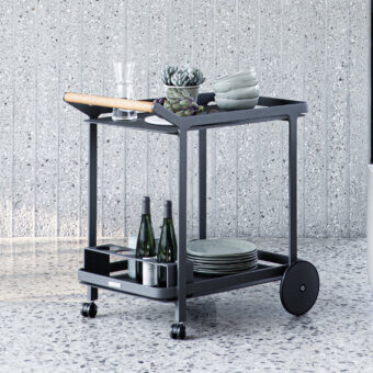 Superior Atmosphera Butler Trolley crafted in galvanized steel and solid Asian teak with durable epoxy powder coating