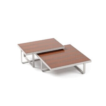 Sophisticated Atmosphera Capri coffee table with reddish-brown glazed lava stone slats and sleek silver-grey aluminum base