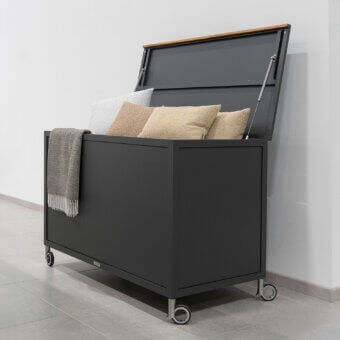 Exceptional Atmosphera Flair accessory box with dark gray epoxy-coated aluminum and oiled teak, exhibiting a matte finish