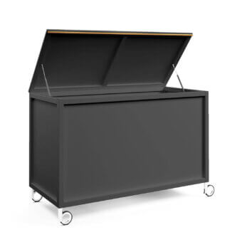 Elegant Atmosphera Flair accessory box with dark gray epoxy-coated aluminum and oiled teak construction with a sleek matte finish