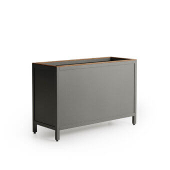 Elegant Atmosphera Flair planter crafted in epoxy-coated aluminum with oiled teak detailing exhibiting a dark gray finish