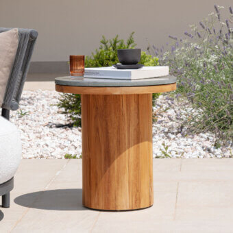 Distinguished Atmosphera Frisbee side table with light grey Gres tabletop and robust teak base crafted in Italian style