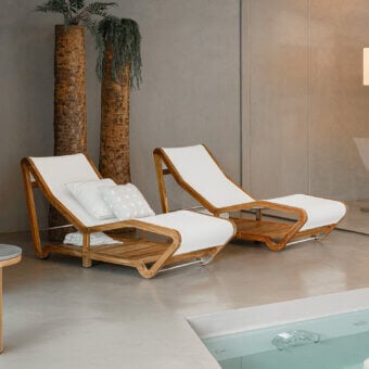 Exceptional Atmosphera Infinity chaise lounge with breathable white textilene and durable Asian oiled TEAK frame with brushed steel details