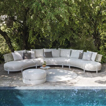 Elegant Atmosphera Loto sectional with light beige textured textile upholstery and matte light-colored metal frame