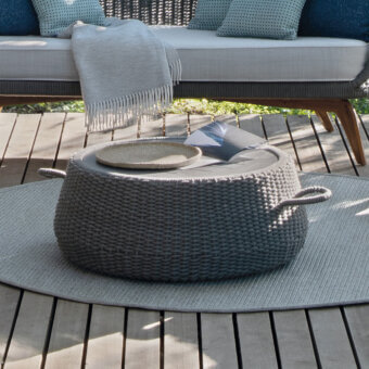 Exceptional Atmosphera Ludo coffee table crafted with waterproof Teflon thermoplastic acrylic fiber and muted gray epoxy painted aluminum frame