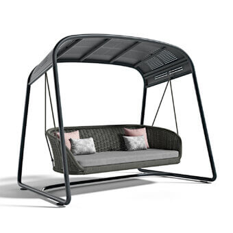 Exceptional Atmosphera Ludo freestanding swing with dark gray woven seat, matte black galvanized iron frame and pale pink botanical cushions