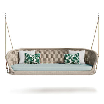 Superior Atmosphera Ludo hanging sofa crafted with hand-woven synthetic rope and soft blue textile cushion in a light beige hue