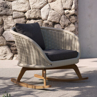 Distinguished Atmosphera Ludo rocking lounge chair with natural Teak wood and hand-woven rope backrest in a light beige tone with satin finish