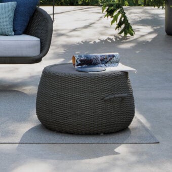 Exceptional Atmosphera Ludo side table crafted with a hand-woven waterproof Teflon thermoplastic acrylic top and epoxy painted aluminum frame