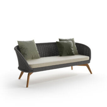 Exceptional Atmosphera Ludo sofa with sculpted form crafted in teak wood and dark gray woven textile with beige cushions