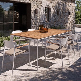 Elegant Atmosphera Magic table crafted with milled Asian TEAK and matte white epoxy-painted aluminum frame