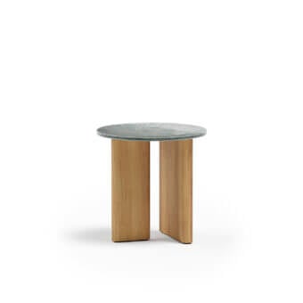 Distinguished Atmosphera Materia side table crafted with solid Asian Teak and glossy glazed lava stone tabletop in greenish-blue hues