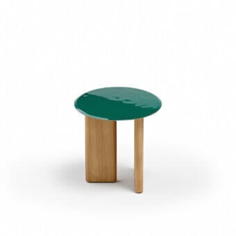 Exceptional Atmosphera Materia side table crafted with glossy glazed lava stone and satin finished solid Asian Teak legs